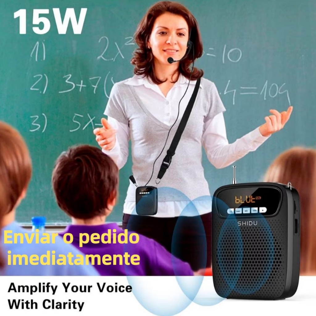 Amplificador de voz portátil recarregável de 15W com fones de ouvido e microfone para professores e guias turísticos. em Oferta na Shopee