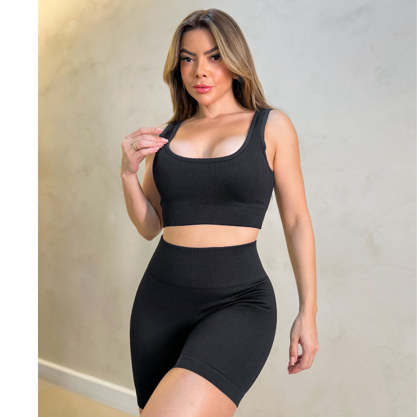 Conjunto Feminino Canelado Poliamida Grosso Short Esportivo Importado 3RD SD1416