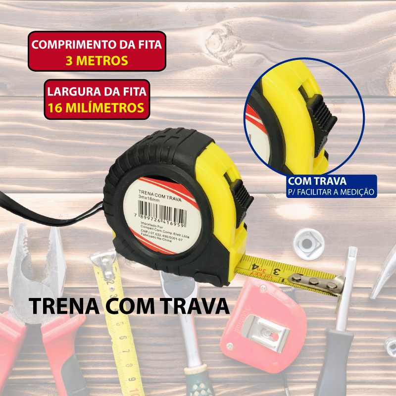 TRENA MÉTRICA AUTOTRAVA 3 METROS PROFISSIONAL AÇO FITA COM ALÇA 16MM SUPORTE PARA CINTO