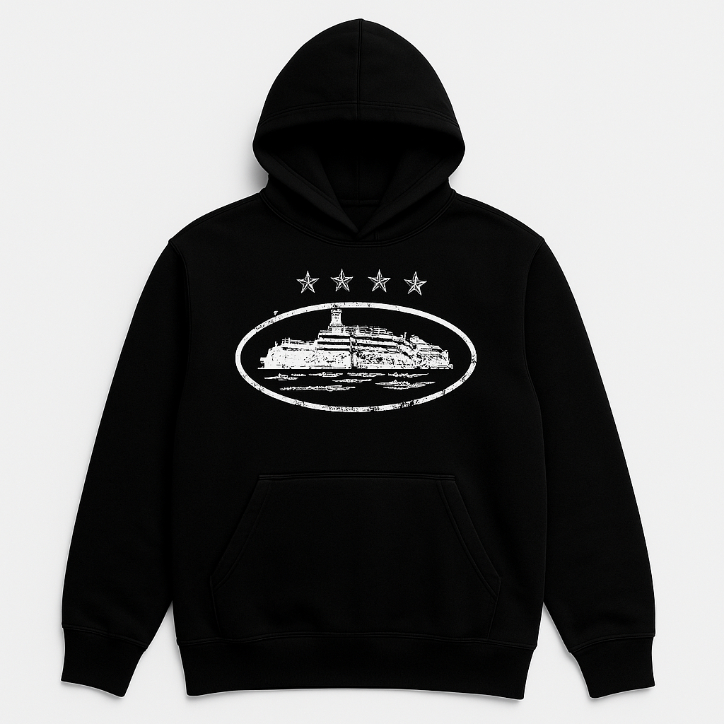 Moletom Preto Canguru Streetwear com capuz Estampado Modelo Premium Peluciado Cortez preto e off white