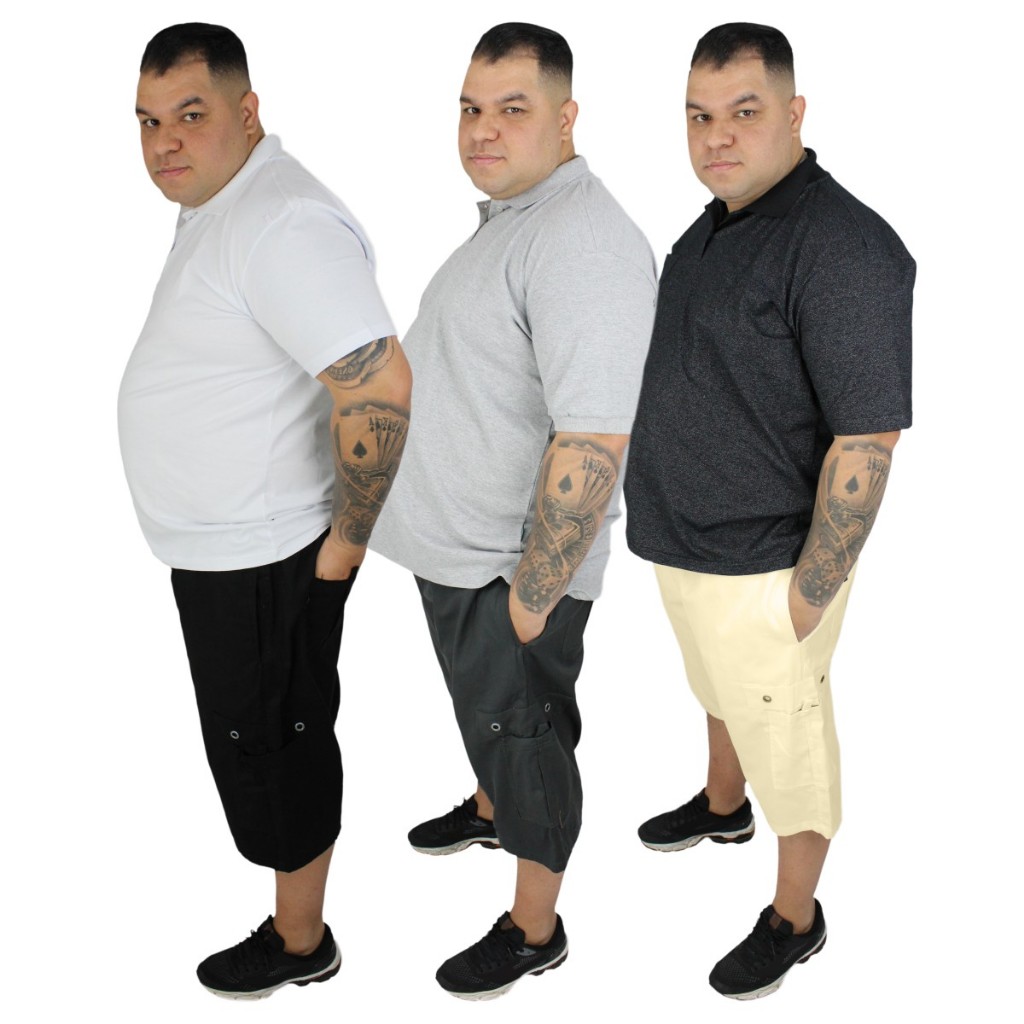 Kit 3 Bermuda Plus Size Passeio Elástico Cargo Sarja Brim Algodão Tamanho Grande G1 G2 G3 G4