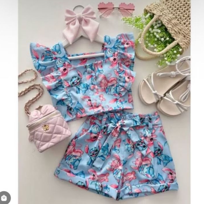 Conjunto infantil cropped e shorts estampado stitch tamanhos 4 ao 12 em Oferta na Shopee