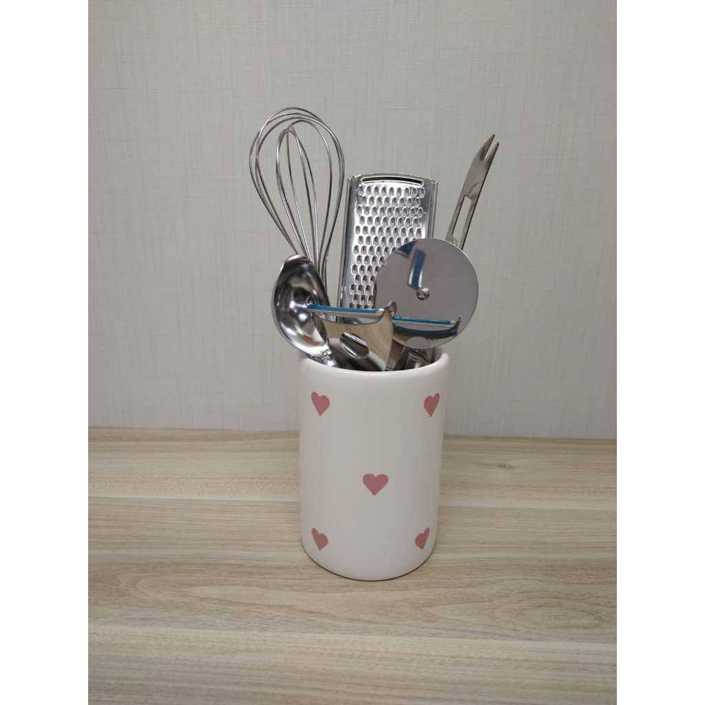Porta Utensílios de Cozinha de Porcelana Coração Rosa Porta Talher Cozinha Organização