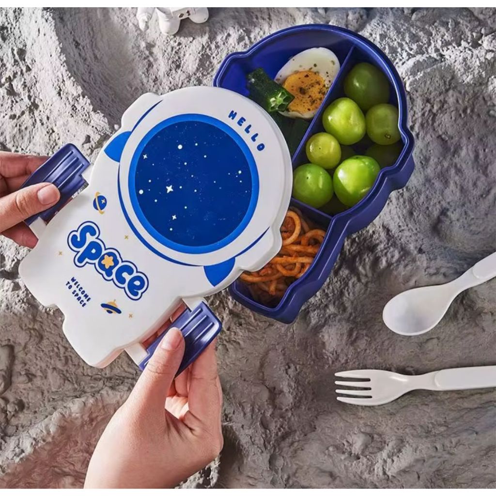 Marmita Lancheira Infantil Astronauta Azul C/ 3 Divisórias E Kit Talheres - Envio Rápido! em Oferta na Shopee