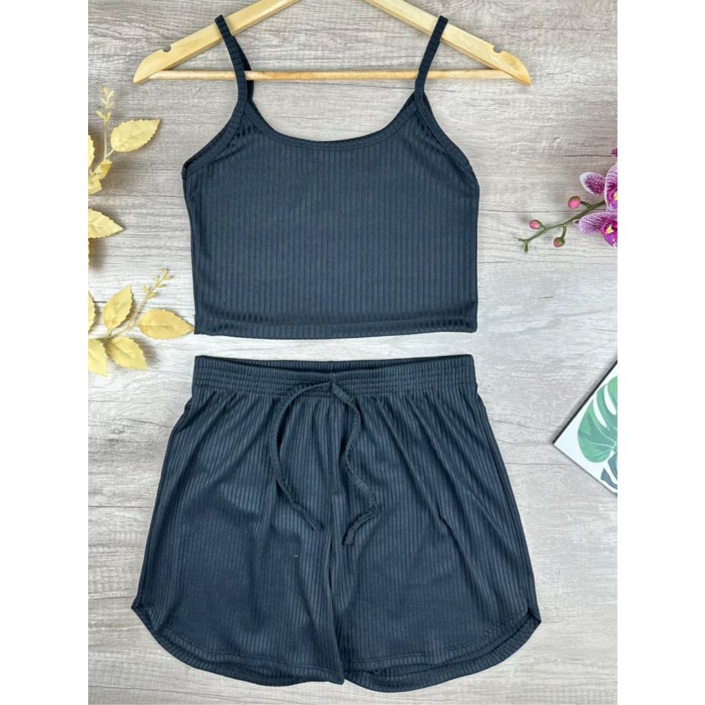 Kit Top Cropped Alcinha + Short Canelado Básica - Caminhada, Academia, Dia a Dia - Blogueira.