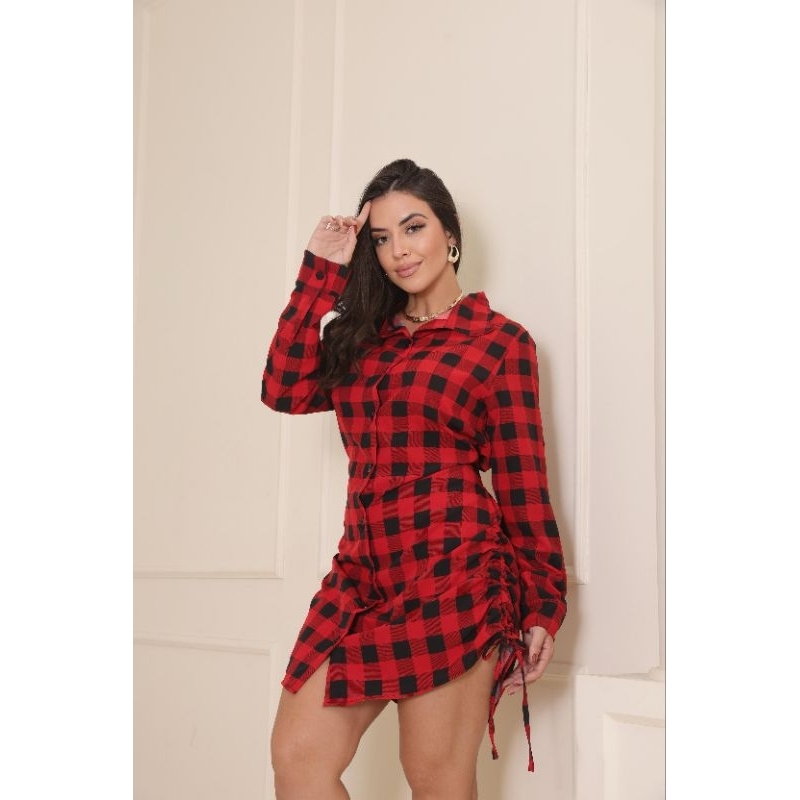 Vestido Chemise Xadrez Feminino com costa lastex em Oferta na Shopee