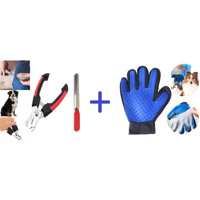 Kit Alicate Pet Tesoura Corte De Unhas Caes Gatos + Lixa Pet + Luva Pet Tira Pelos E Faz Massagem Cães E Gatos