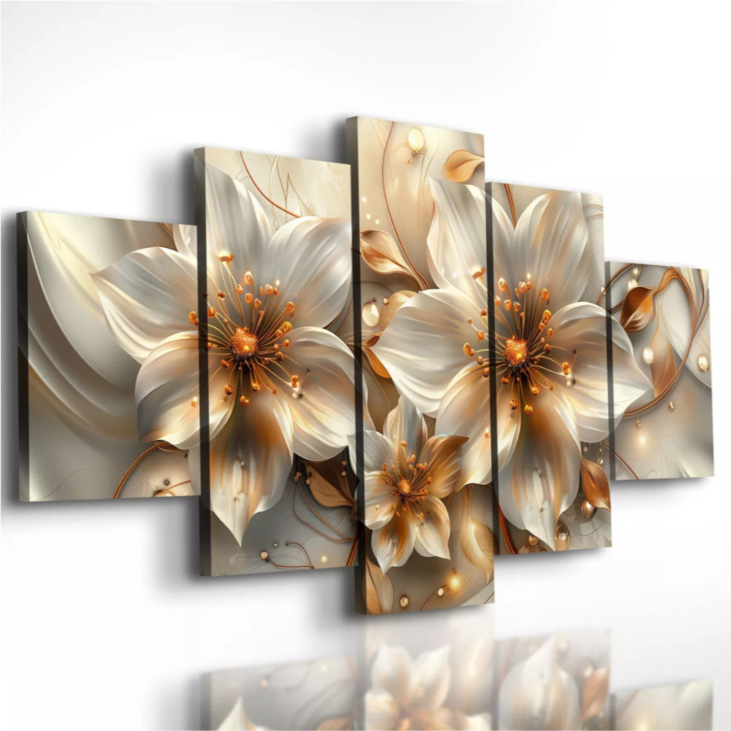 Kit 5 Quadros Decorativos Mosaico Lírio Bronze Flor Sala Ys em Oferta na Shopee