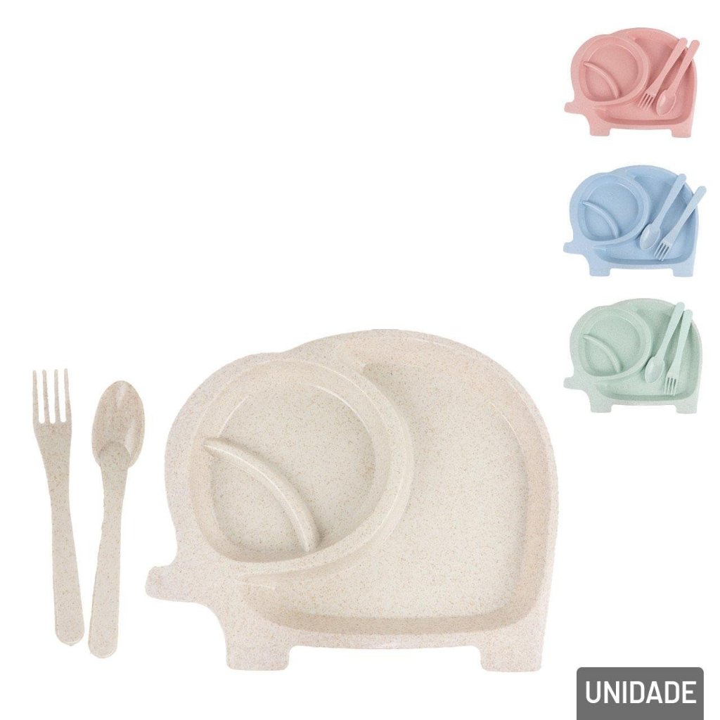 Kit Refeição Infantil Plástico 3 Peças Elefante Color Alimentação Introdução Alimentar