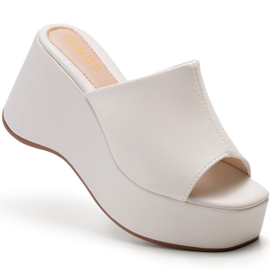 Sandália Feminina Lumiss Plataforma Tamanco Confortável Blogueira Anabela Off White em Oferta na Shopee