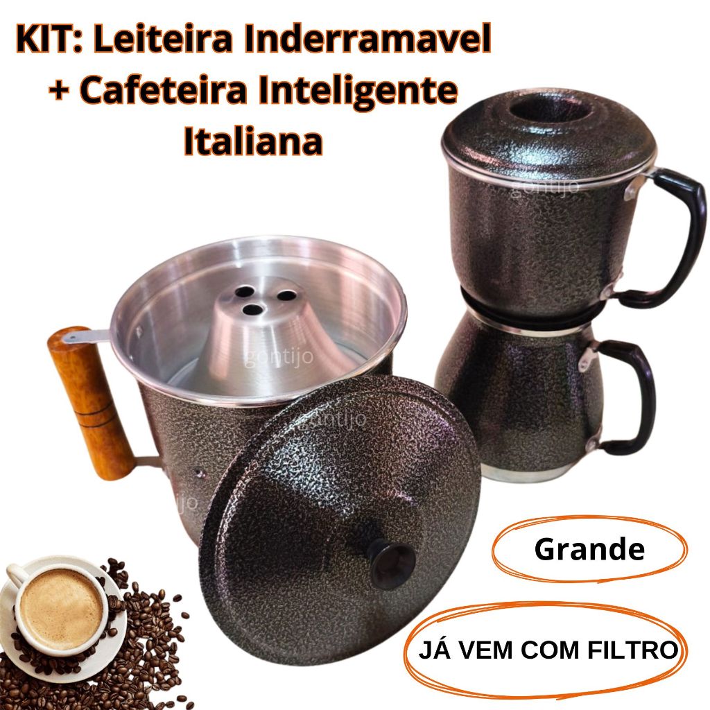 Fervedor de Leite Inderramavel + Cafeteira Italiana Economica Caneca Leiteira Cor Preta Prata 2 Litros PROMOÇÃO - COMBO