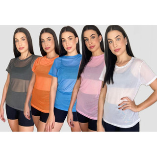 Kit 5 Blusas Tule Academia Feminina Fitness Transparente Manga Telinha Sobreposição