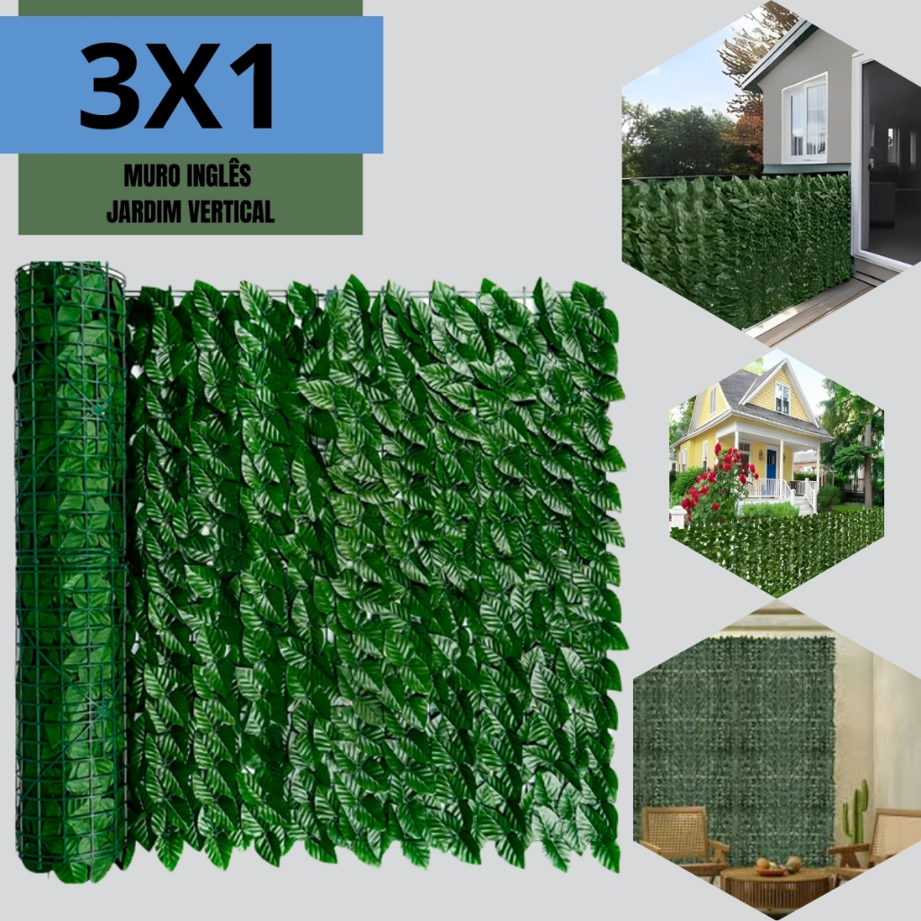 Muro Painel Inglês Vertical Jardim Artificial Decoração Tecido Tipo Fícus 3x1 Metros