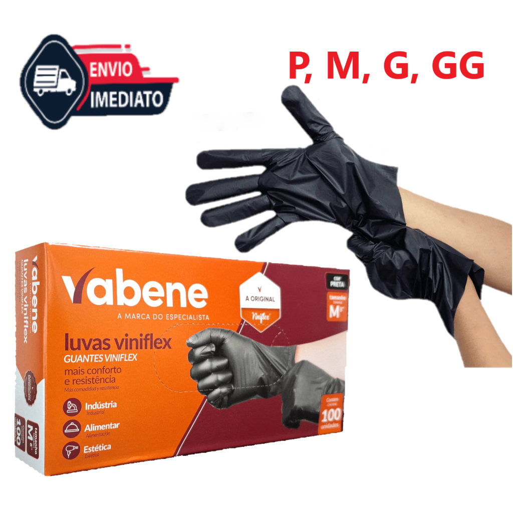 100 Luvas pretas viniflex sem pó descartável P, M, G, GG VABENE frete grátis