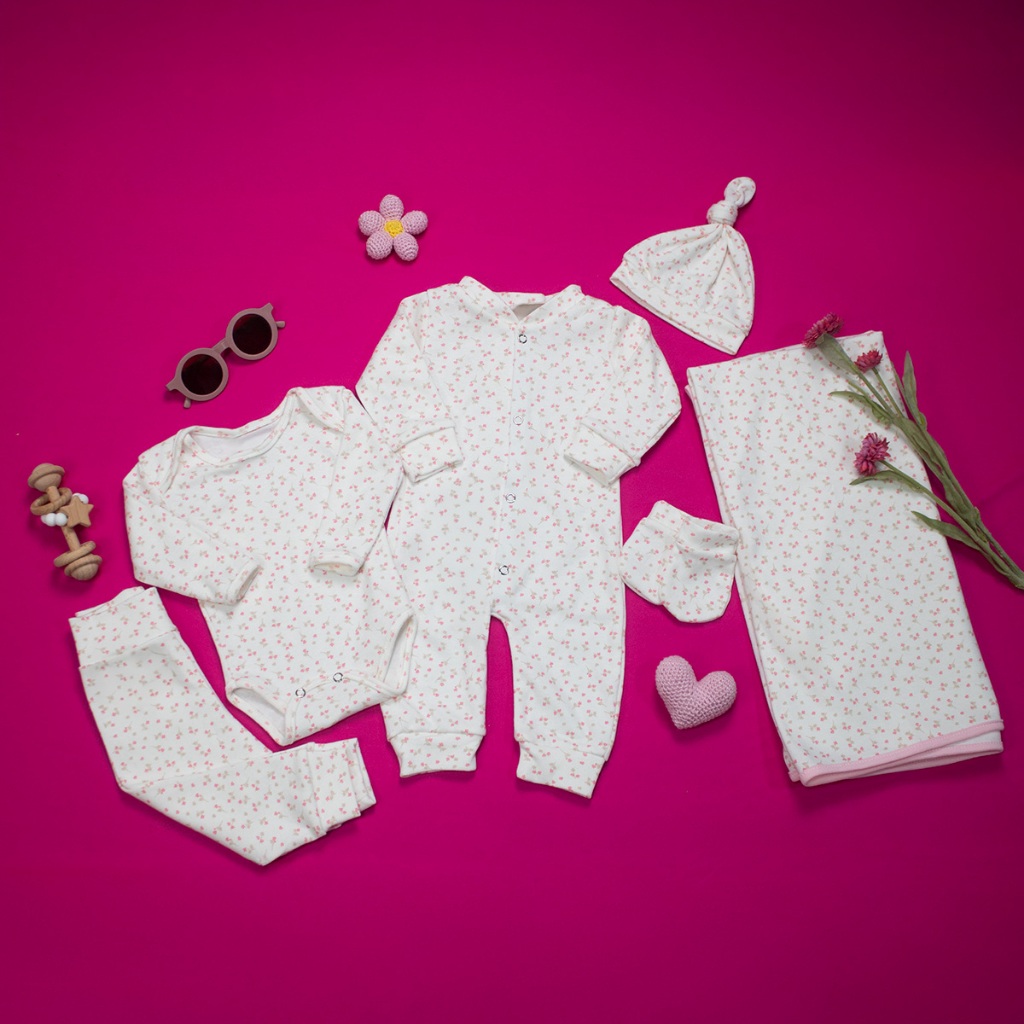 Kit Maternidade Bebê Menina 06 Peças Estampa Floral Delicada 100% Algodão Premium Conjunto Completo