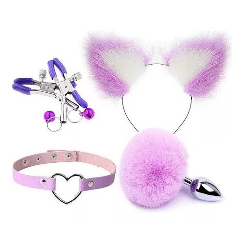 Kit Plug Anal Rabo Pompom Coelho Tiara Grampos Mamilos e Gargantilha