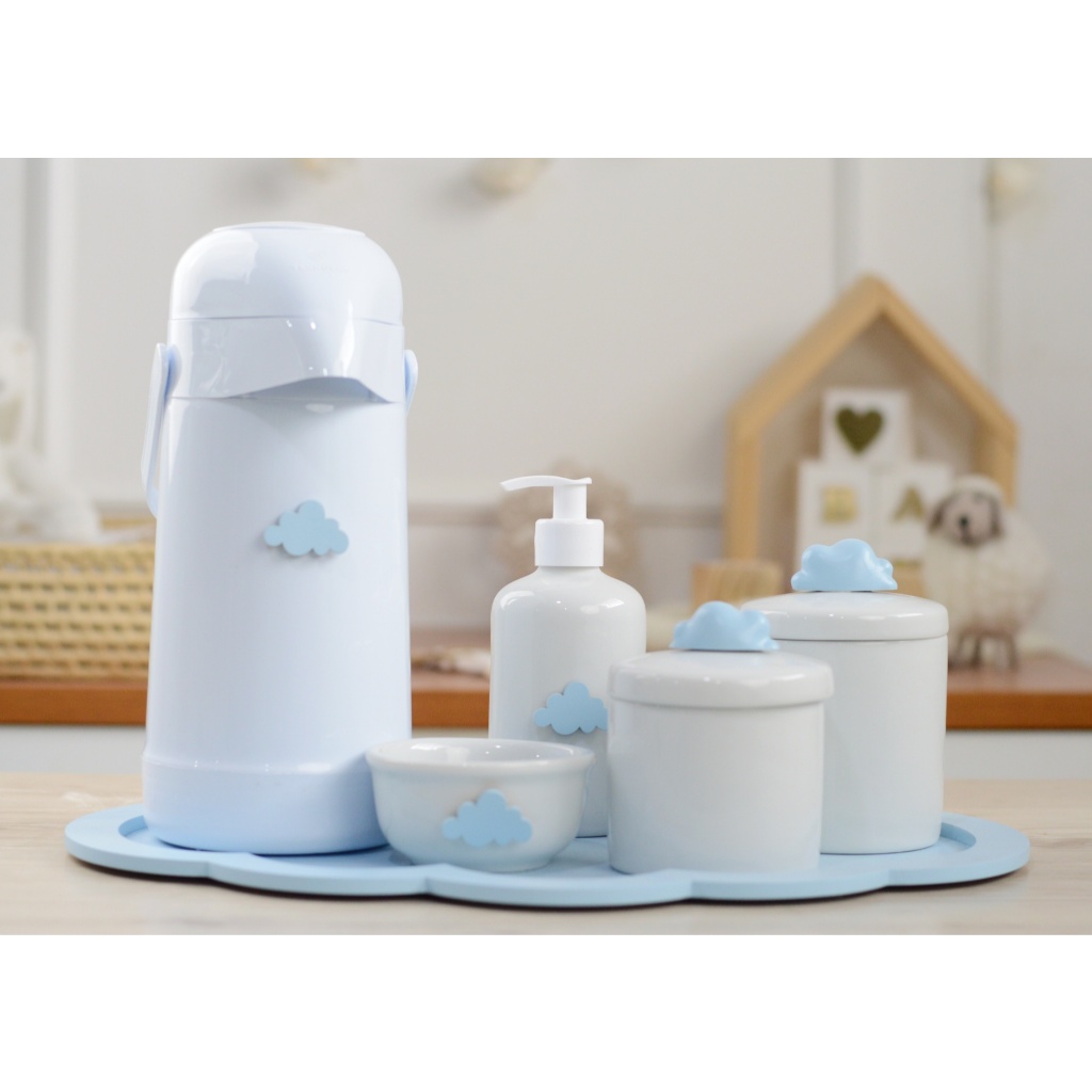 Kit Higiene Porcelana Cuidados Banho Bandeja Nuvem Bebê Pote Decoração K044 Azul
