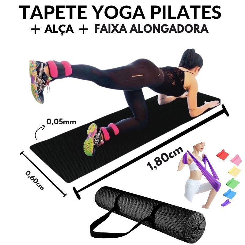 Tapete Yoga Pilates 1,80m + Faixa Alongadora 1,5m Exercício Funcional