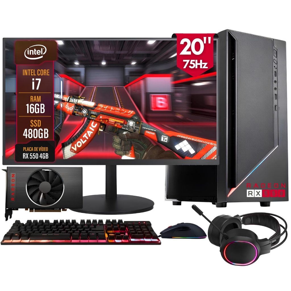 PC Gamer Completo 2Eletro Win - Intel Core i7, 16GB, AMD Radeon RX 550 4GB, SSD 480GB, Monitor 20" 75HZ - PG2E-RGB0147WI em Oferta na Shopee