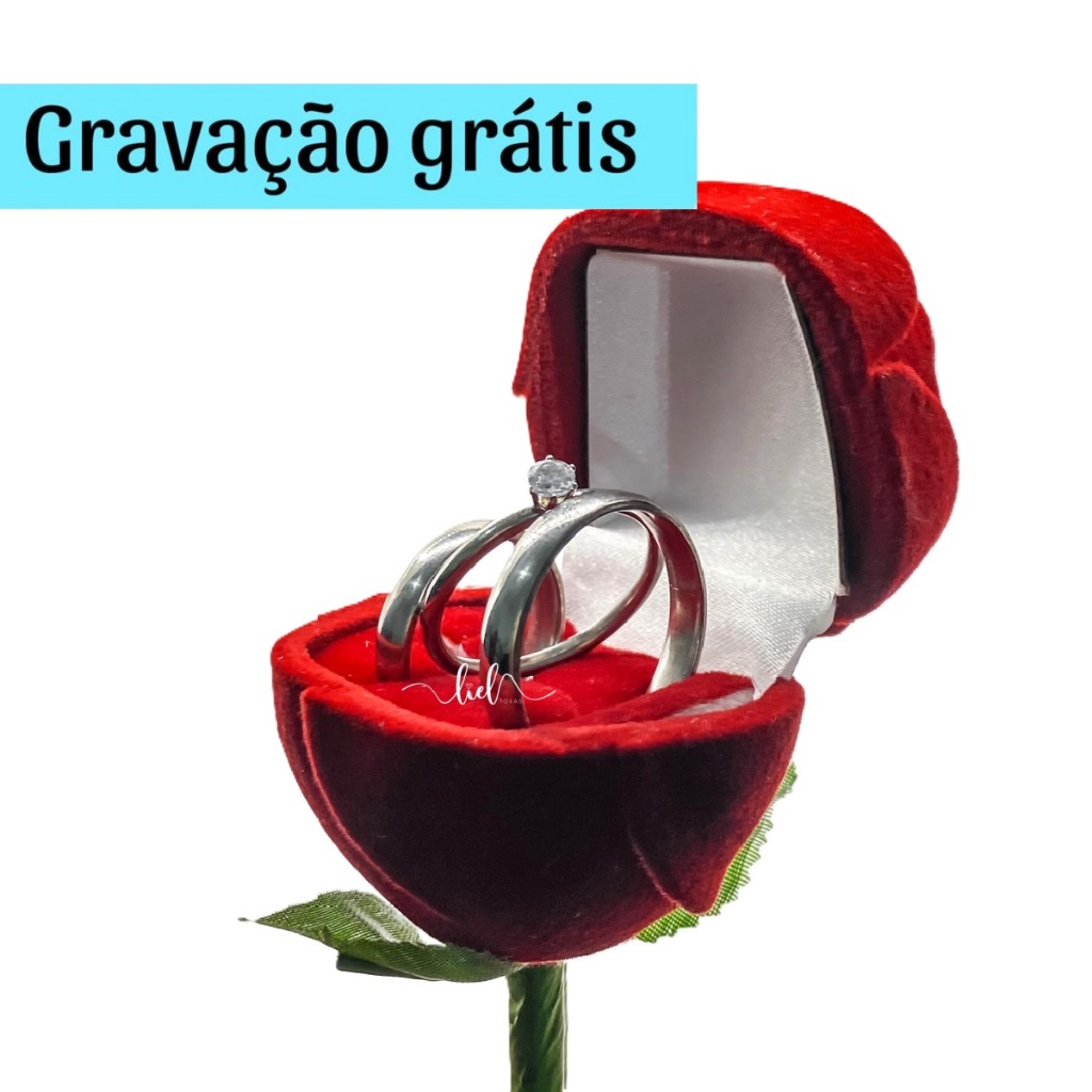 Aliança Lisa Prata Com Caixa Porta Anel Aliança Rosa Flor E Anel Solitário Gravação Grátis Compromisso Namoro
