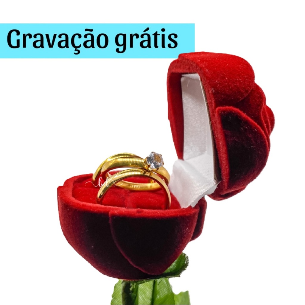 Par Aliança Lisa Banhada A Ouro 18k Caixa Porta Anel Aliança Rosa Flor Anel Solitário Gravação Grátis Noivado Casamento