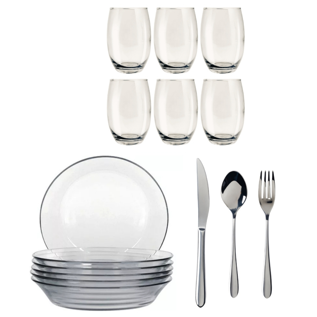 Jogo De 6 Pratos E 6 Copos Vidro + Jogo 18 talheres Restaurante em Oferta na Shopee