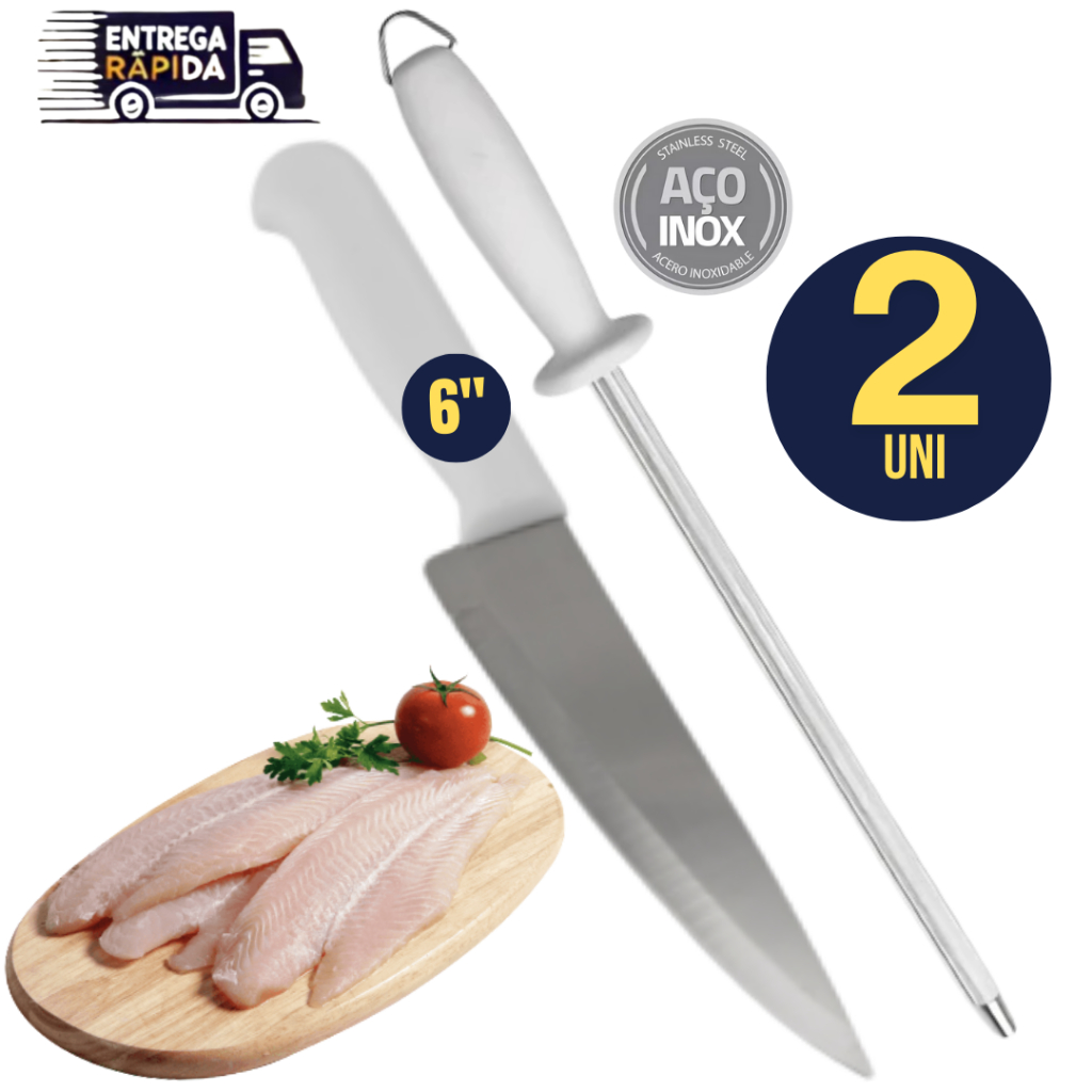 Jogo 02 Unidades 1 Chaira 10" polegadas 1 Faca Peixaria 6" polegadas Peixe Carne Churrasco Variáveis Utilidades Inox