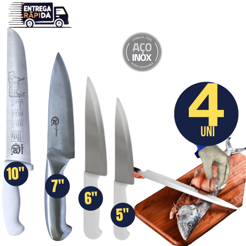 Kit 4 - 1 Faca Profissional 10" Carne Churrasco Variáveis  + 3 Facas Inox Peixeira Cozinha Carne 5", 6", 7" Polegadas