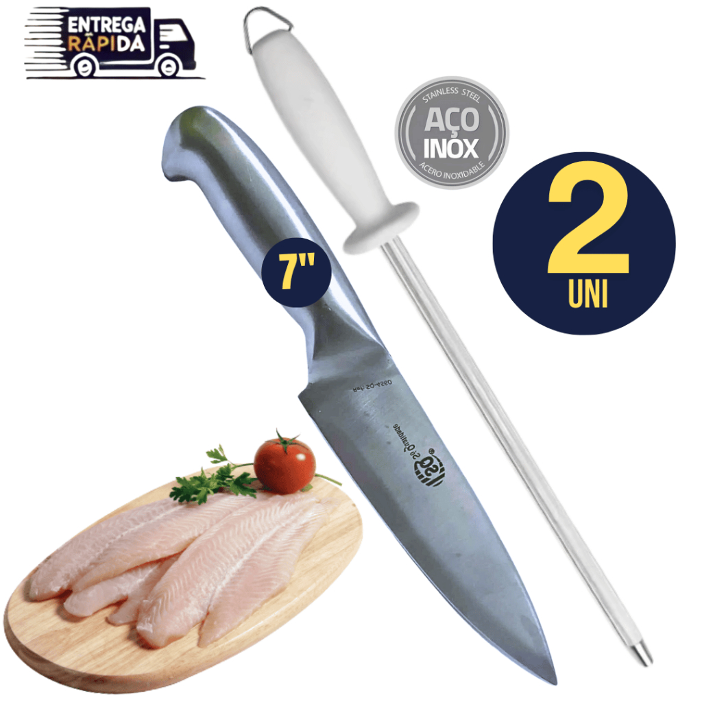 Jogo 02 Unidades 1 Chaira 10" polegadas 1 Faca Peixaria 7" polegadas Peixe Carne Churrasco Variáveis Utilidades Inox