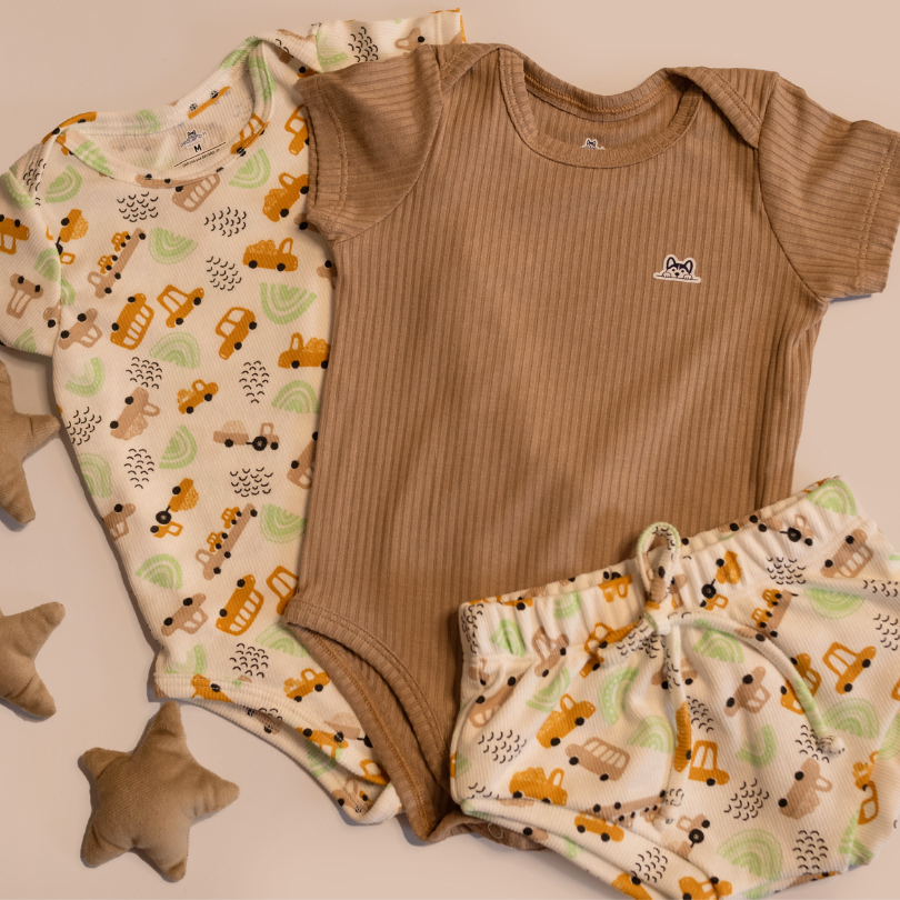 Conjunto Body Manga Curta Tapa Fralda Bebe Kit 3 Peça Infantil Canelado Menino Menina Liso...