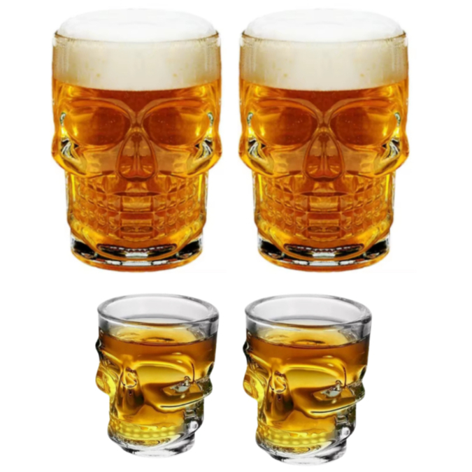 Conjunto de 2 Canecas Caveira de 460ml e  2 Copos De Shot De 50ml