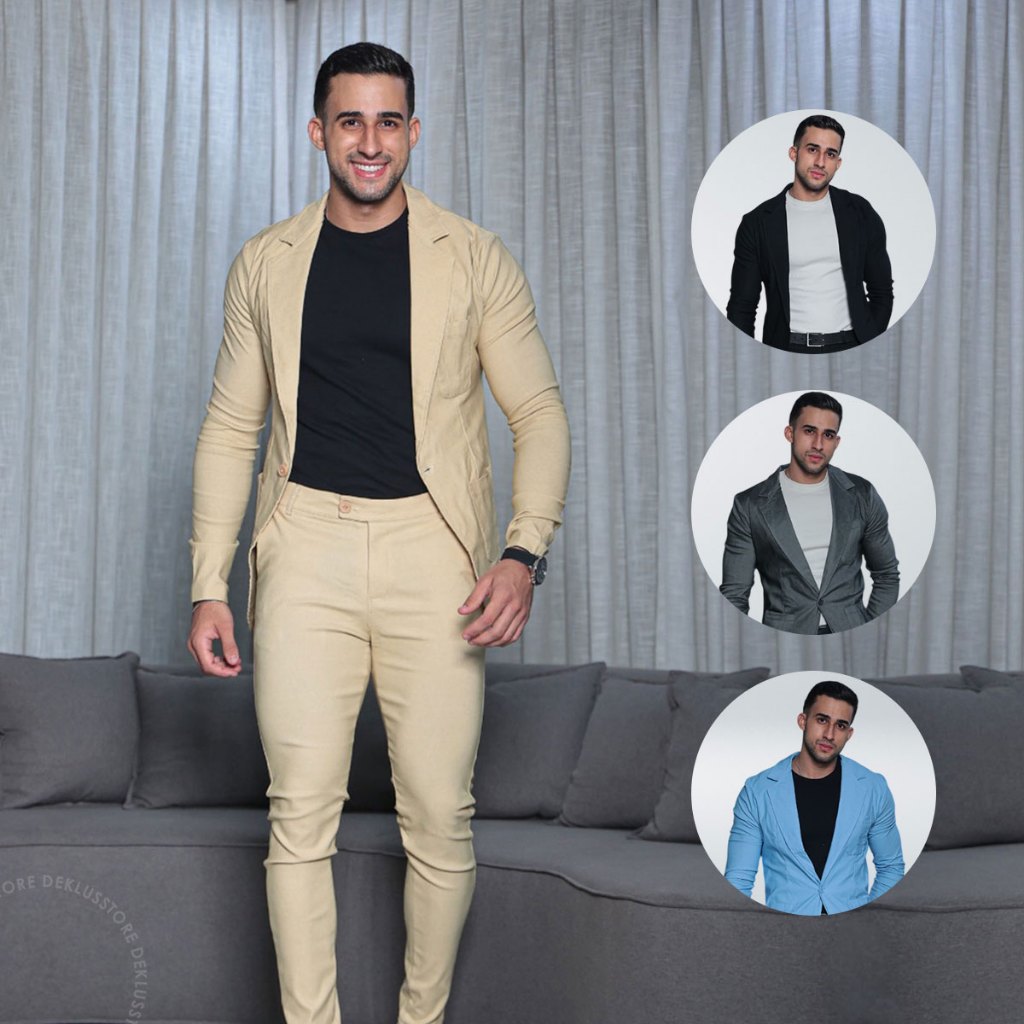 Conjunto Blazer e Calça Alfaiataria Masculino Elastano Slim 2 Peças Bengaline Esporte Fino Casamento Escritório