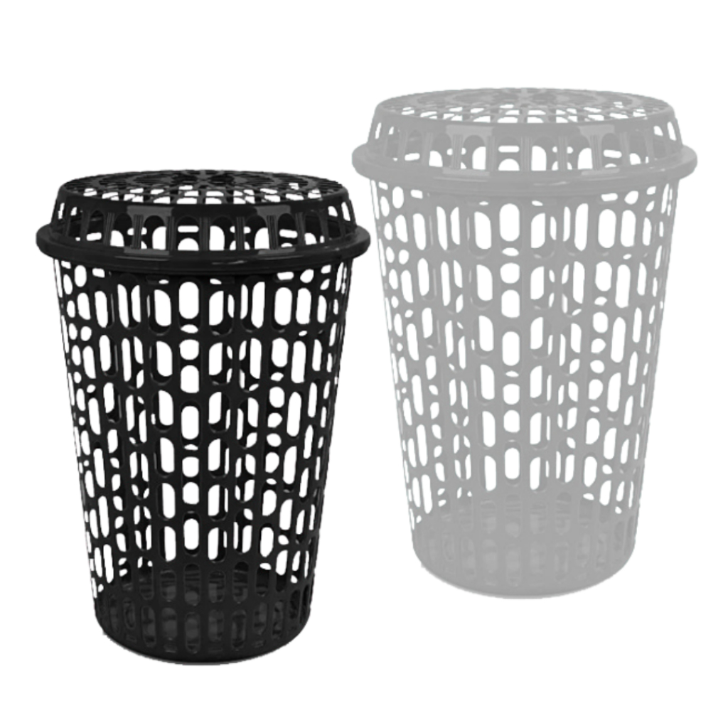 Cesto Telado Roupa Lavanderia Balde Bacia 60L Redondo Preto Cinza