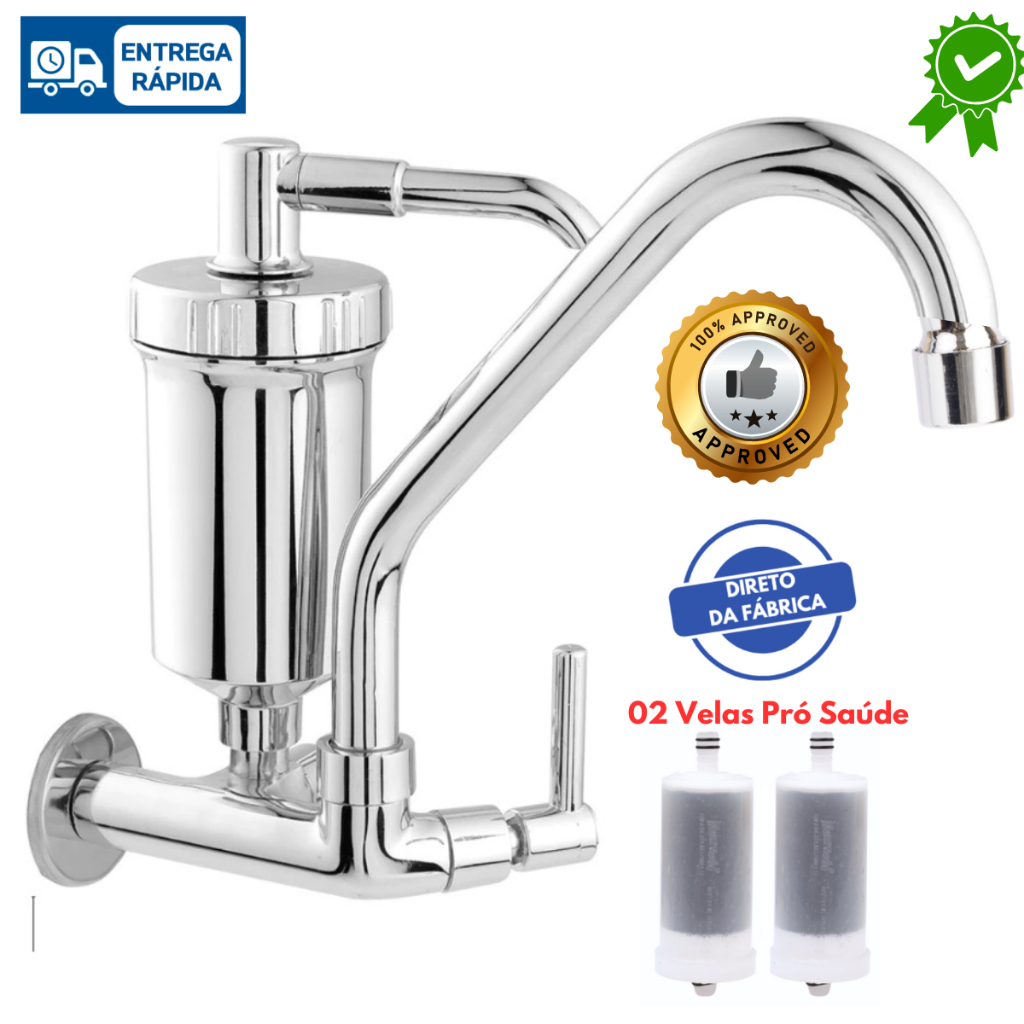 Torneira Cozinha Parede 100% METAL com Filtro Cromado e 2 Velas Grátis em Oferta na Shopee