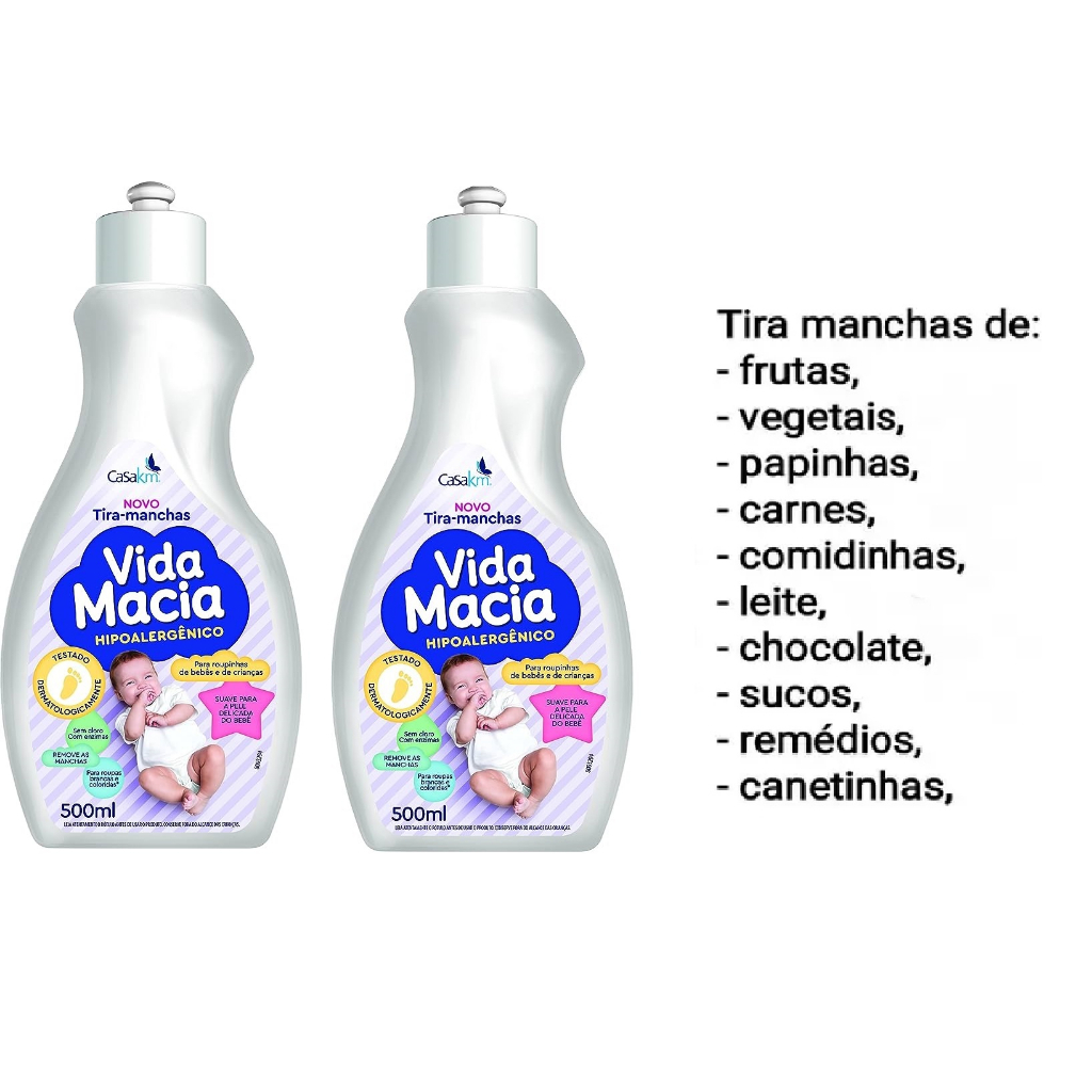 Kit 2 Tira Manchas Hipoalergênico Para Roupas De Bebe Bebê Vida Macia De 500 Ml