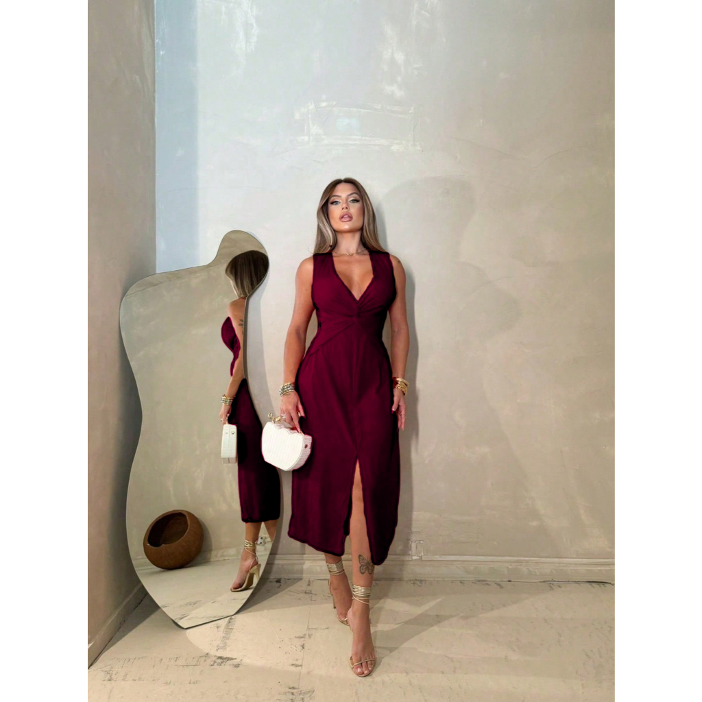 Vestido Feminino Midi Alça Larga Decote V Codigo:183Liso