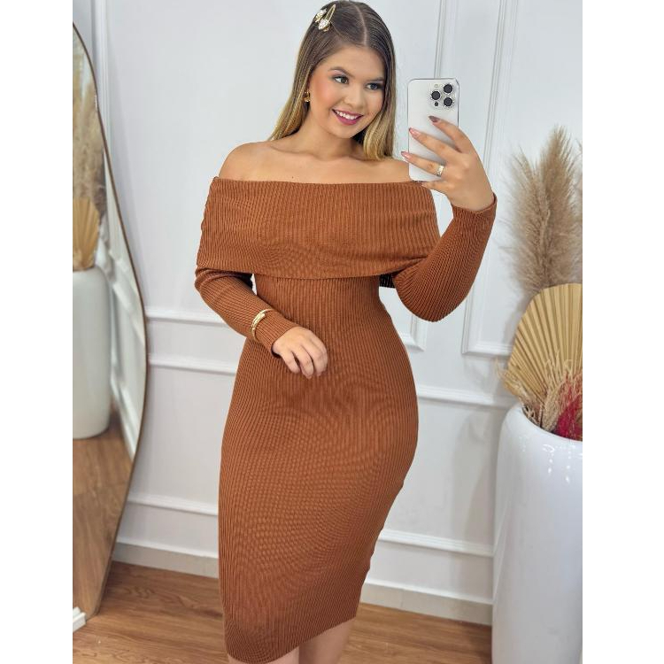 Vestido Midi Tricot Modal Ombro a Ombro Manga Longa Inverno 2025 Elegante