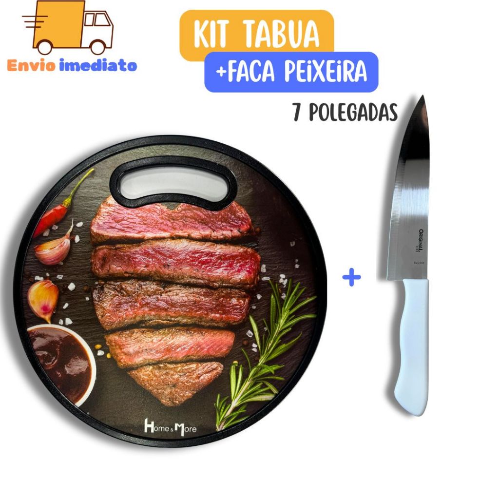 Kit Tábua Redonda + Faca de Churrasco 10polegadas  para Carne Legumes Salada Comida Churrasco