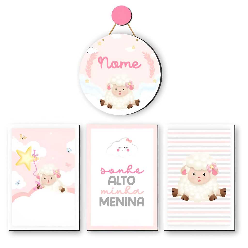 kit quadro porta maternidade ovelhinha rosa menina personalizados FAVOR MANDAR NOME NO CHAT APOS A COMPRA SE NAO IRA SEM