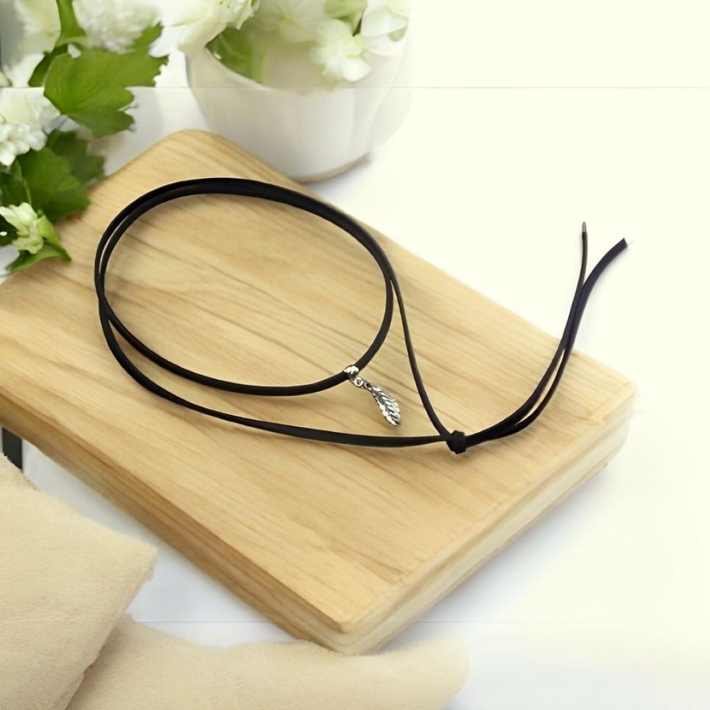 Gargantilha Dupla Choker Couro Duas Voltas Folha Bijuterias