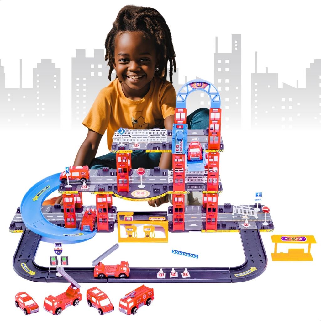 Pista de Carrinhos Bombeiros Brinquedo Infantil Corrida - Mom & Baby