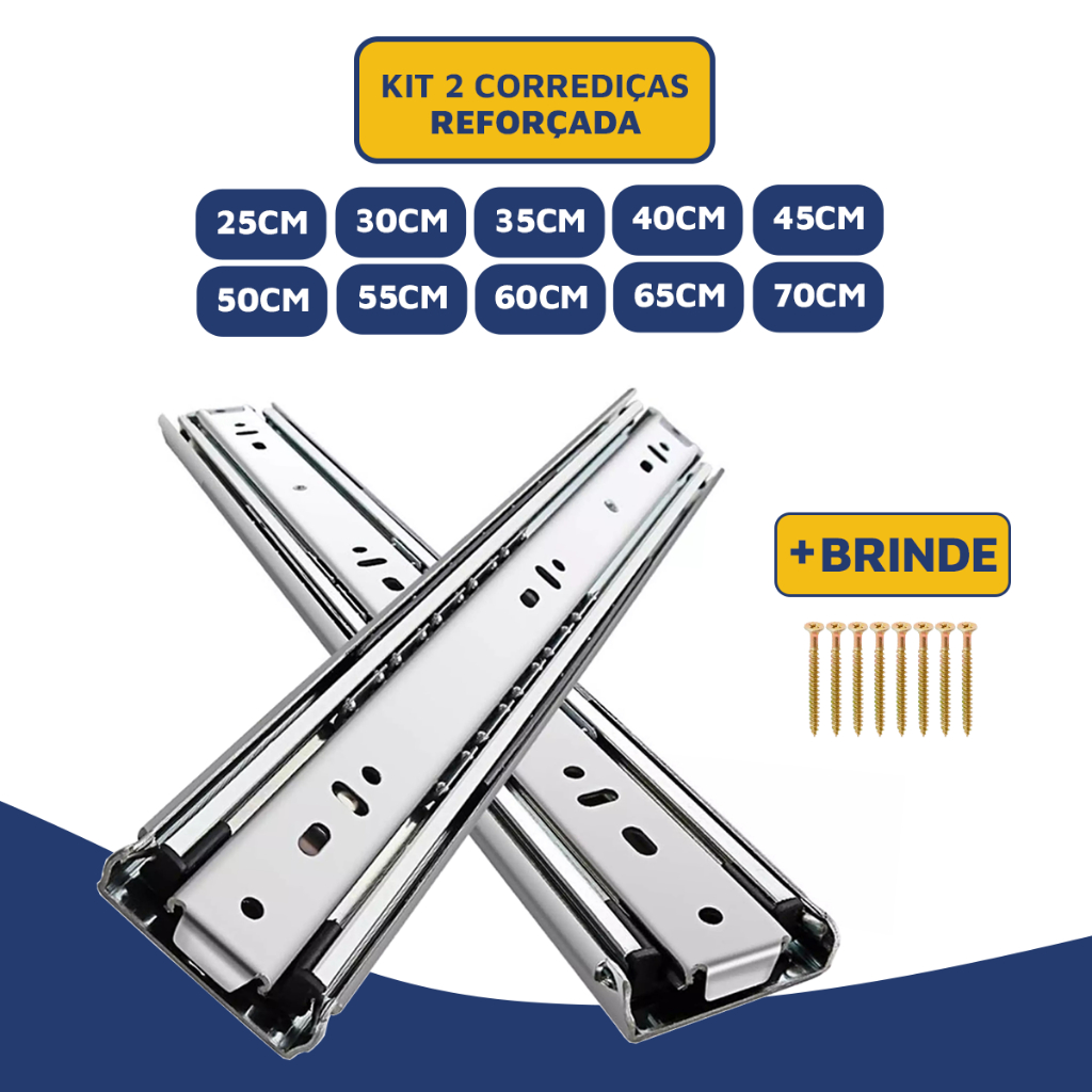 Kit 2 Trilho Corrediças Gaveta Telescópica 45kg - 25cm - 30cm - 35cm - 40cm - 45cm - 50cm - 55cm em Oferta na Shopee