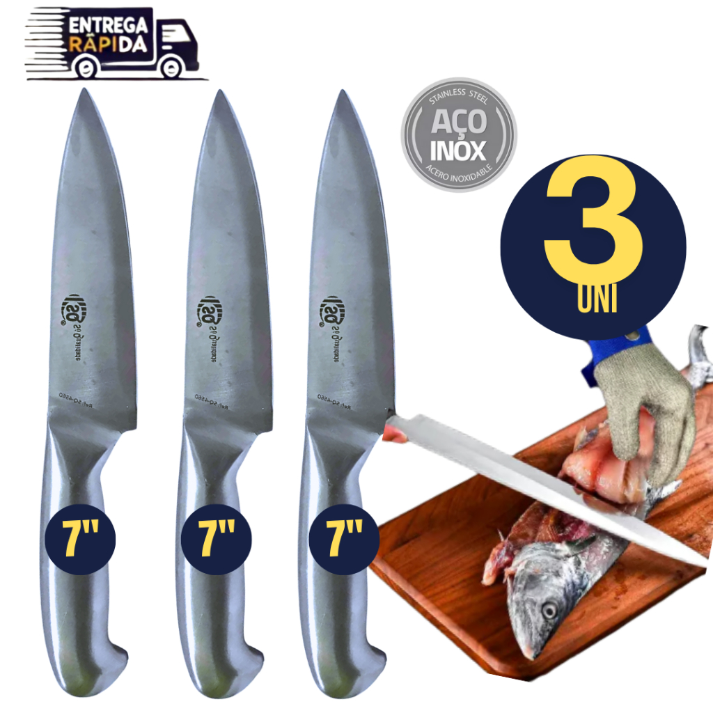KIT 3 Facas Inox Peixeira Cozinha 7" Polegadas, cabo branco, resistente Linha Premium Versátil Pratico Corte Preciso