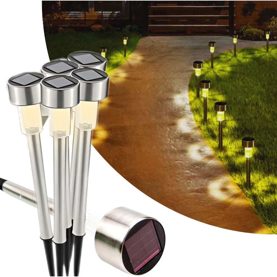 Kit 10-40 Luminárias Solar Balizador Espeto LED 1,2v Chão Prata Decoração Branco QuenteFrio/RGB LIMI