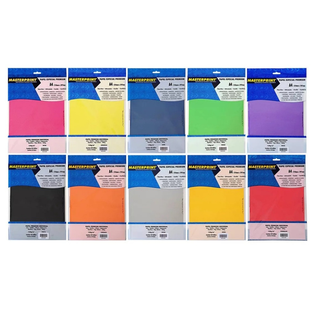 Papel Color Plus offset Sulfite Liso 120g A4 Masterprint Varias cores 20 folhas