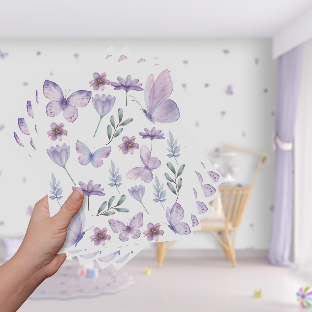 Adesivo De Parede Decorativo Borboletas Floral Raminhos Flores Lilás Quarto Sala Infantil Feminino