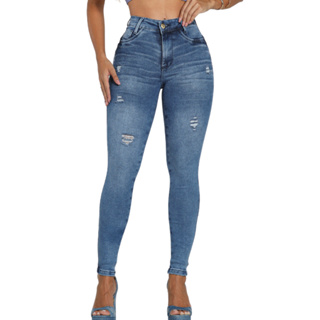 Calça Feminina Jeans Cintura Alta Com Elastano Modelagem Empina Bumbum Skinny em Oferta na Shopee