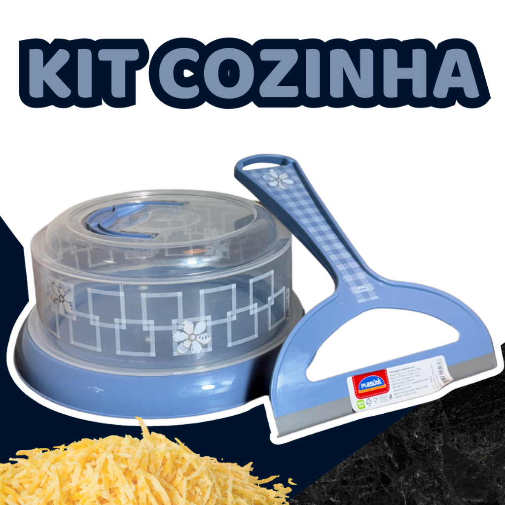 Kit Cozinha Queijeira + Rodo Pia Azul Decorado Plasutil Plastico Organização Cozinha Armazenamento