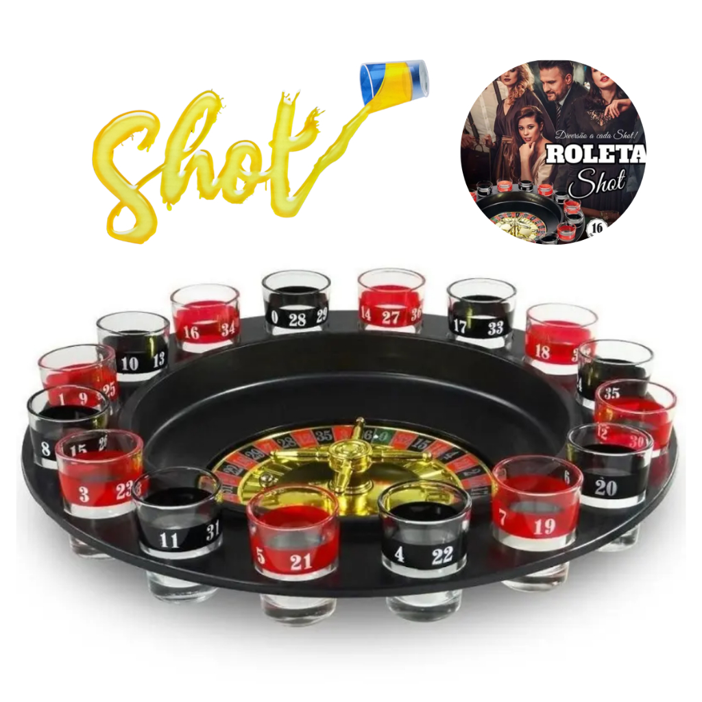 Jogo Roleta Drinks com 16 Copinhos de Shot para se Divertir com Bolinha Movimentos Reais