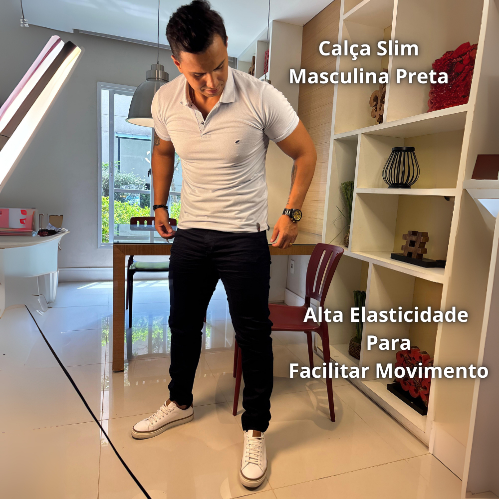 Calça Jeans Masculina Slim Fit Preta Elastano Tecido Premium Homem Tam 36 a 56 COPA DO MUNDO